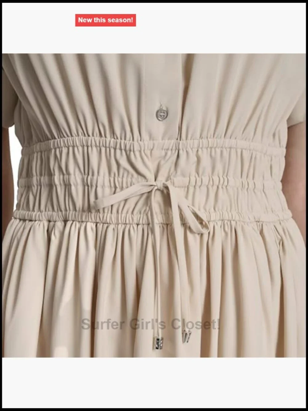DKNY Short Sleeve Collared Neck Faux Drawstring Cinched Waist Button Front Dress